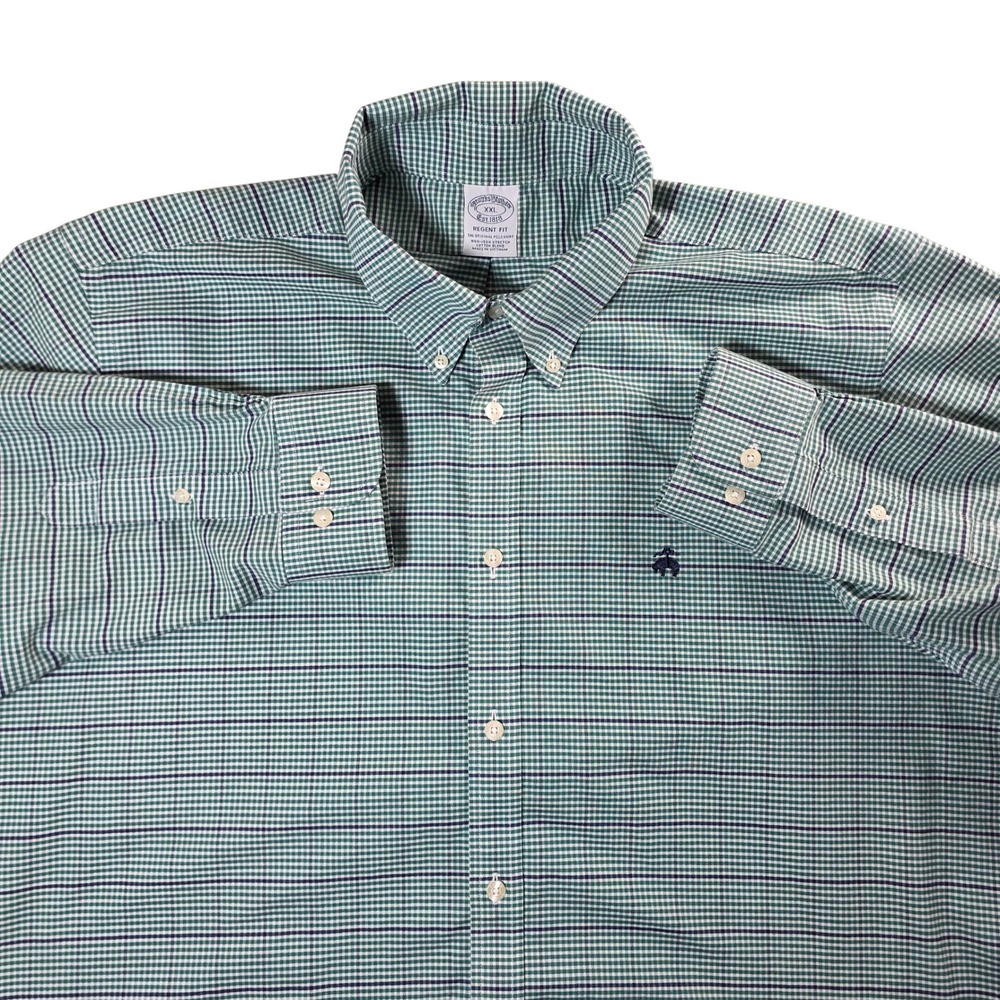 Brooks Brothers Shirt‎ Mens XXL Green Check Non-Iron Stretch Regent Fit